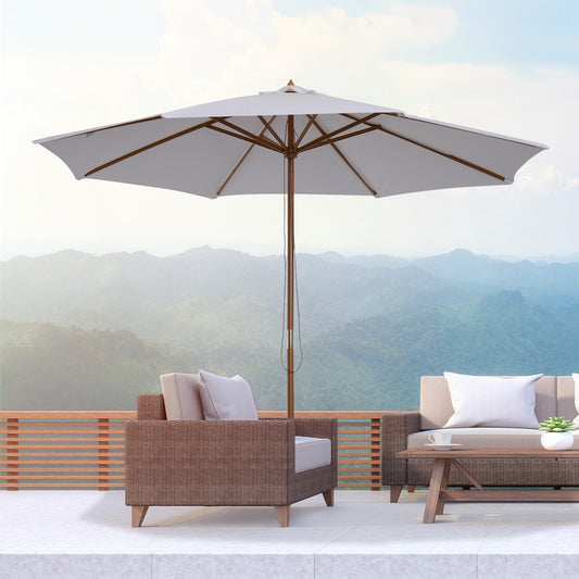 Outsunny ⌀10’ x 8.2’H Bamboo Wooden Round Market Patio Sun Umbrella Garden Parasol Outdoor Sunshade Canopy,Cream White