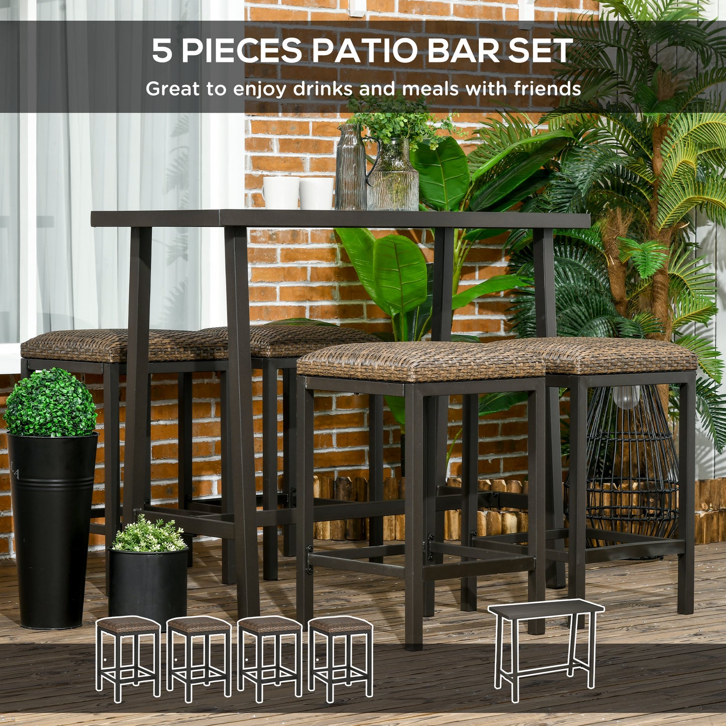 Outsunny 5 Pieces Patio Bar Set with 4 Stools, Outdoor Furniture Set for with Rattan Seat, Slatted Steel Table Top for Garden, Balcony, Backyard, Brown