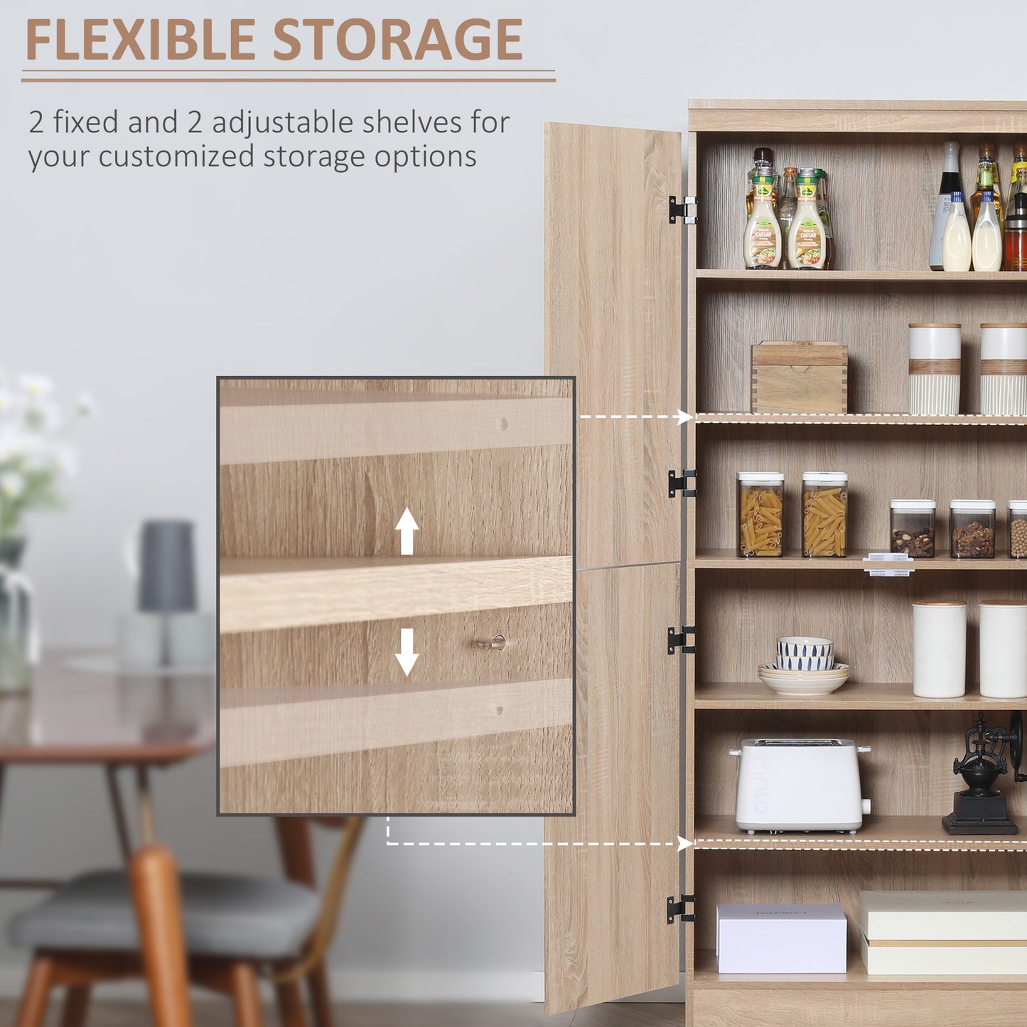 70" 4-Door Kitchen Pantry, Freestanding Storage Cabinet, 6-tier Cupboard with Adjustable Shelves for Living Room, Natural