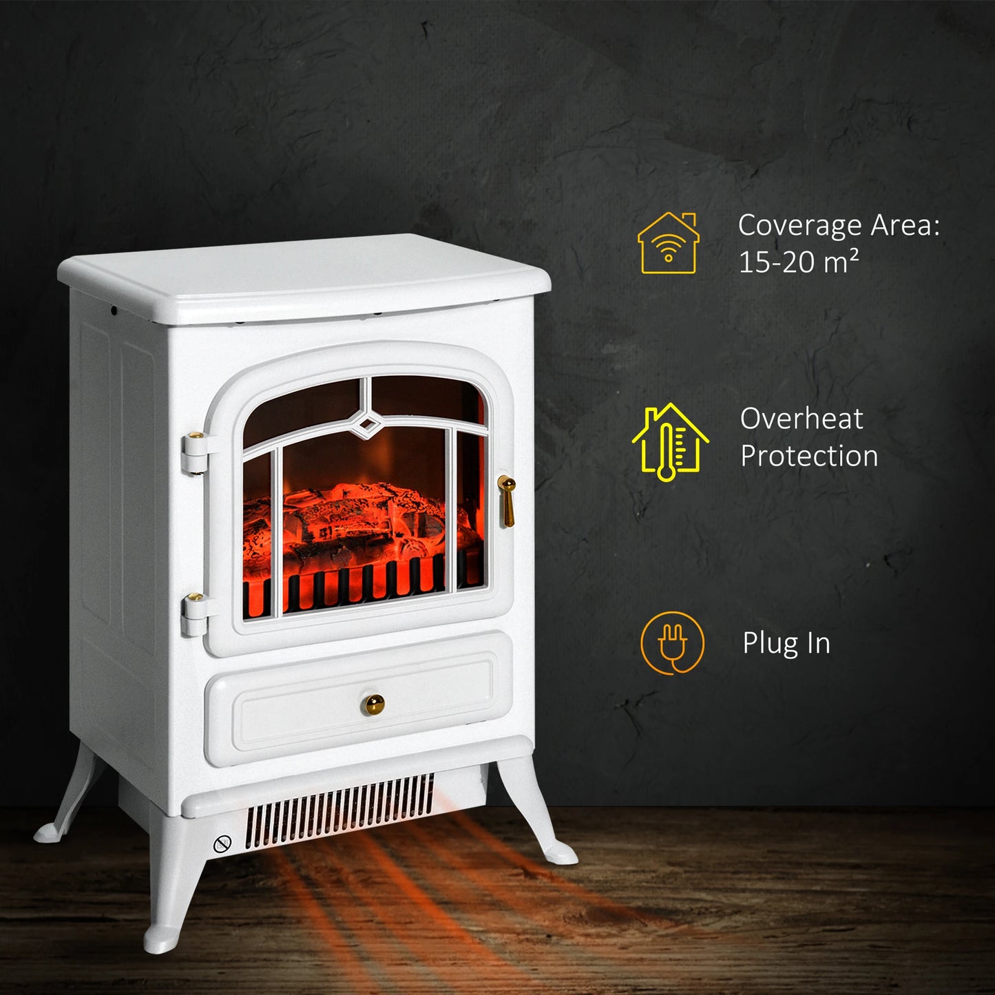 16" Free Standing Electric Fireplace Portable Adjustable Stove with Heater Wood Burning Flame 750/1500W White