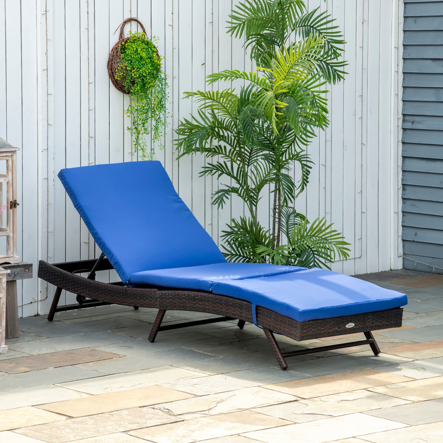 Outsunny Wicker Patio Lounger, Outdoor S Shape Recliners Lounge Chair w/ 5-Level Adjustable Backrest, Soft Padded Cushion Perfect for Outdoor Use, Dark Blue