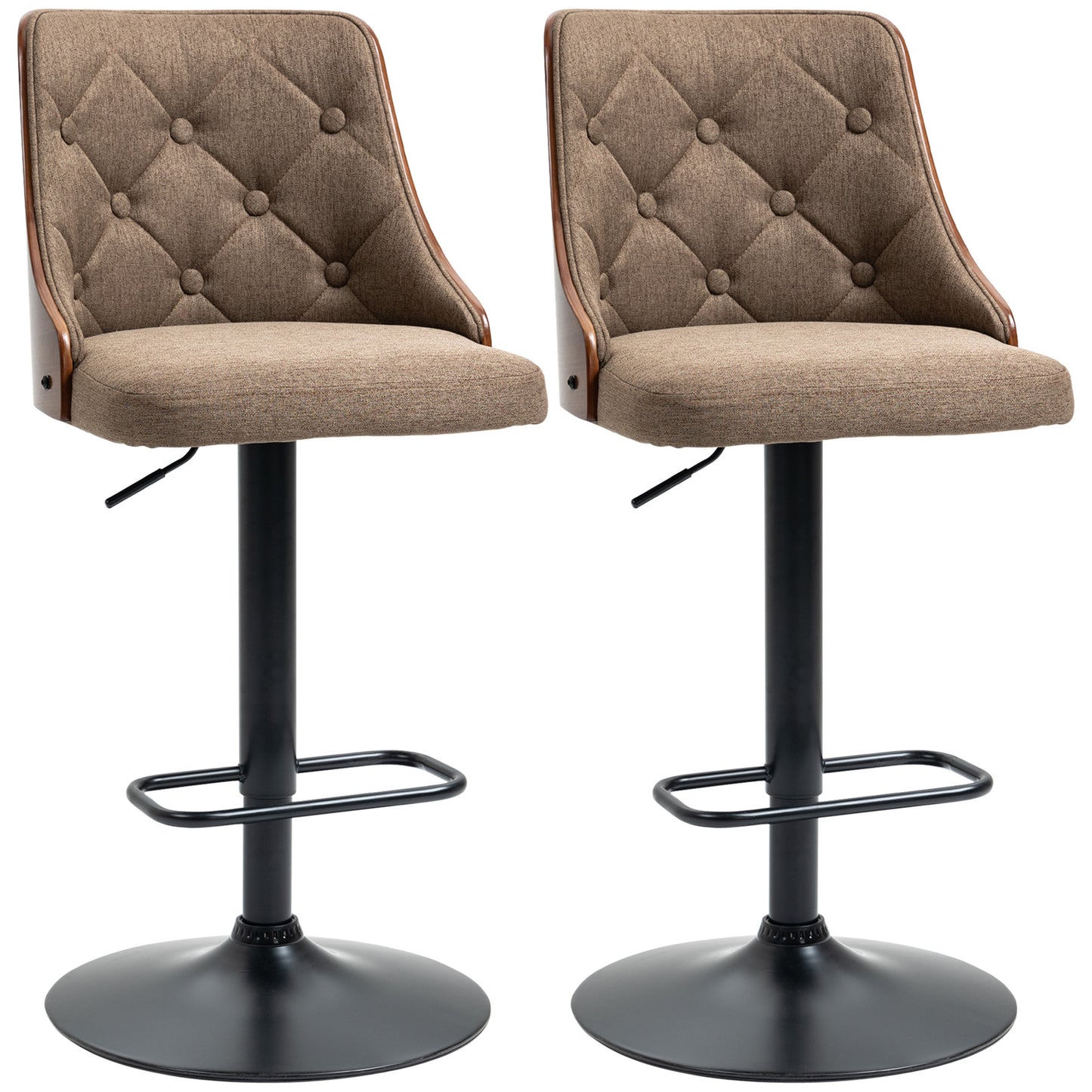 Counter Height Bar Stools Set of 2, Height Adjustable Swivel Barstools with Footrest and Tufted Back, Linen Fabric Bar Chairs, Brown