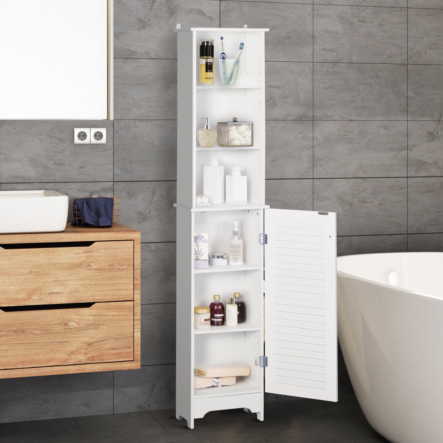 Tall Bathroom Storage Cabinet, Freestanding Linen Tower with 3-Tier Open Adjustable Shelf and Cupboard, White