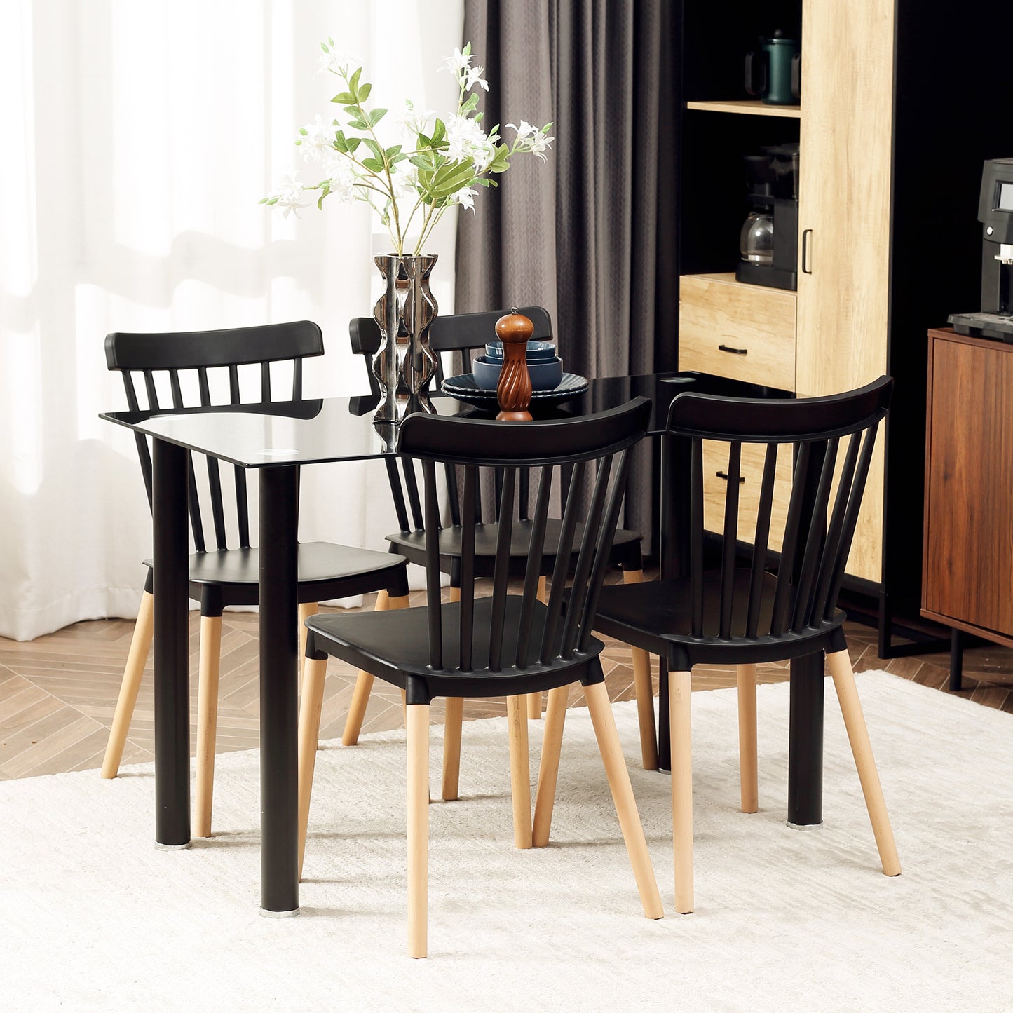 Dining Chairs Set of 4, Modern Kitchen Chair with Slatted Back, PP Seat, Beechwood Legs for Living Room, Black