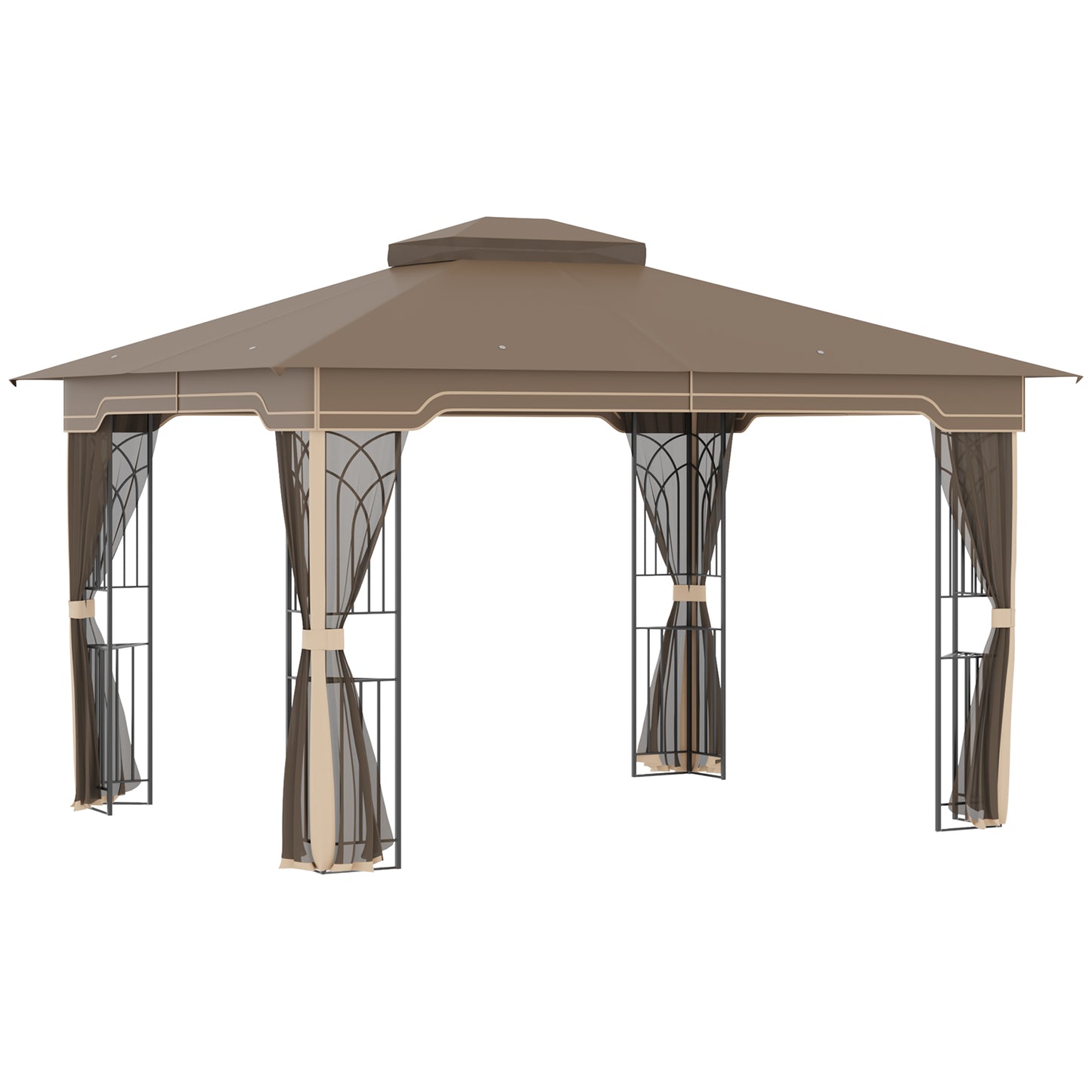 12' x 10' Patio Gazebo Outdoor Canopy Shelter with Double Tier Roof and Netting Sidewalls, Brown