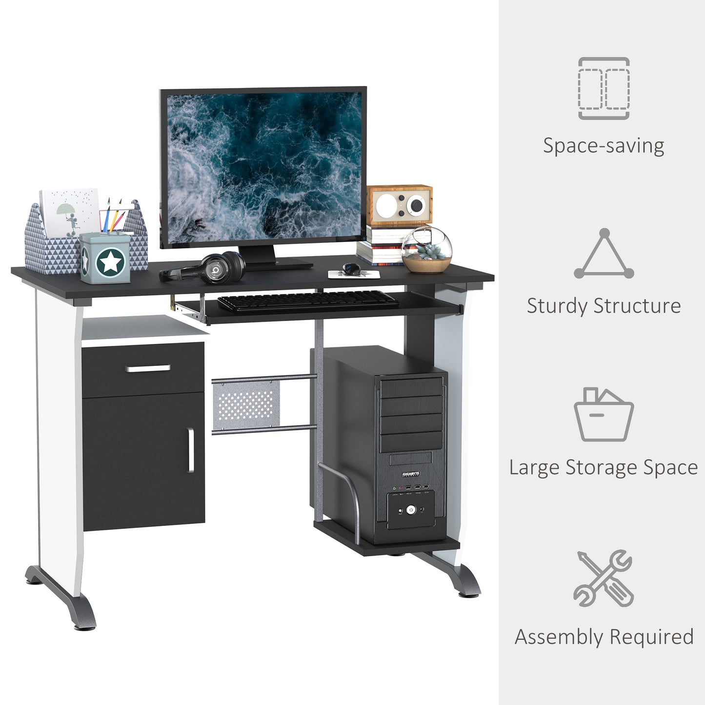 Computer Desk Table Home Office Furniture with Keyboard Tray and CPU Stand, Black and White