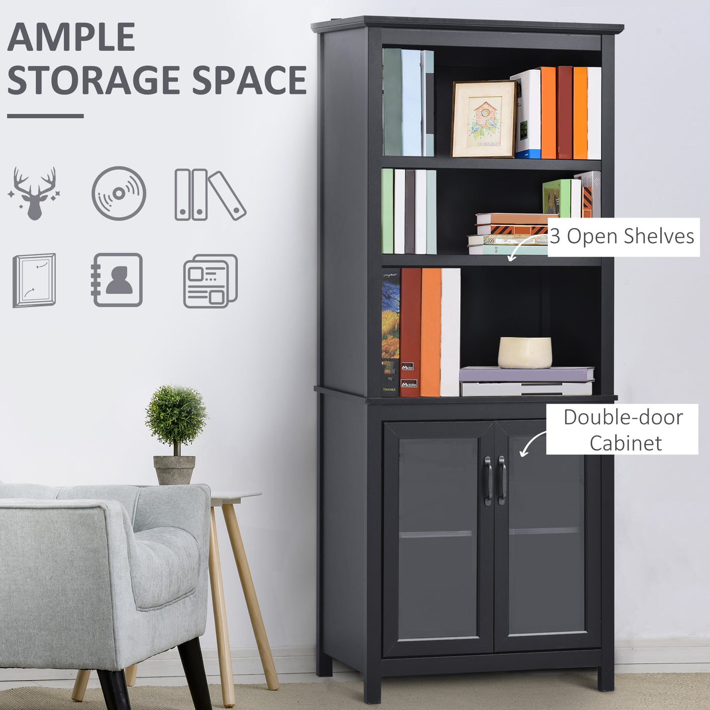 Multifunctional Bookcase Storage Cabinet with Adjustable Shelves Display Rack for Study, Kitchen, Living Room, Black