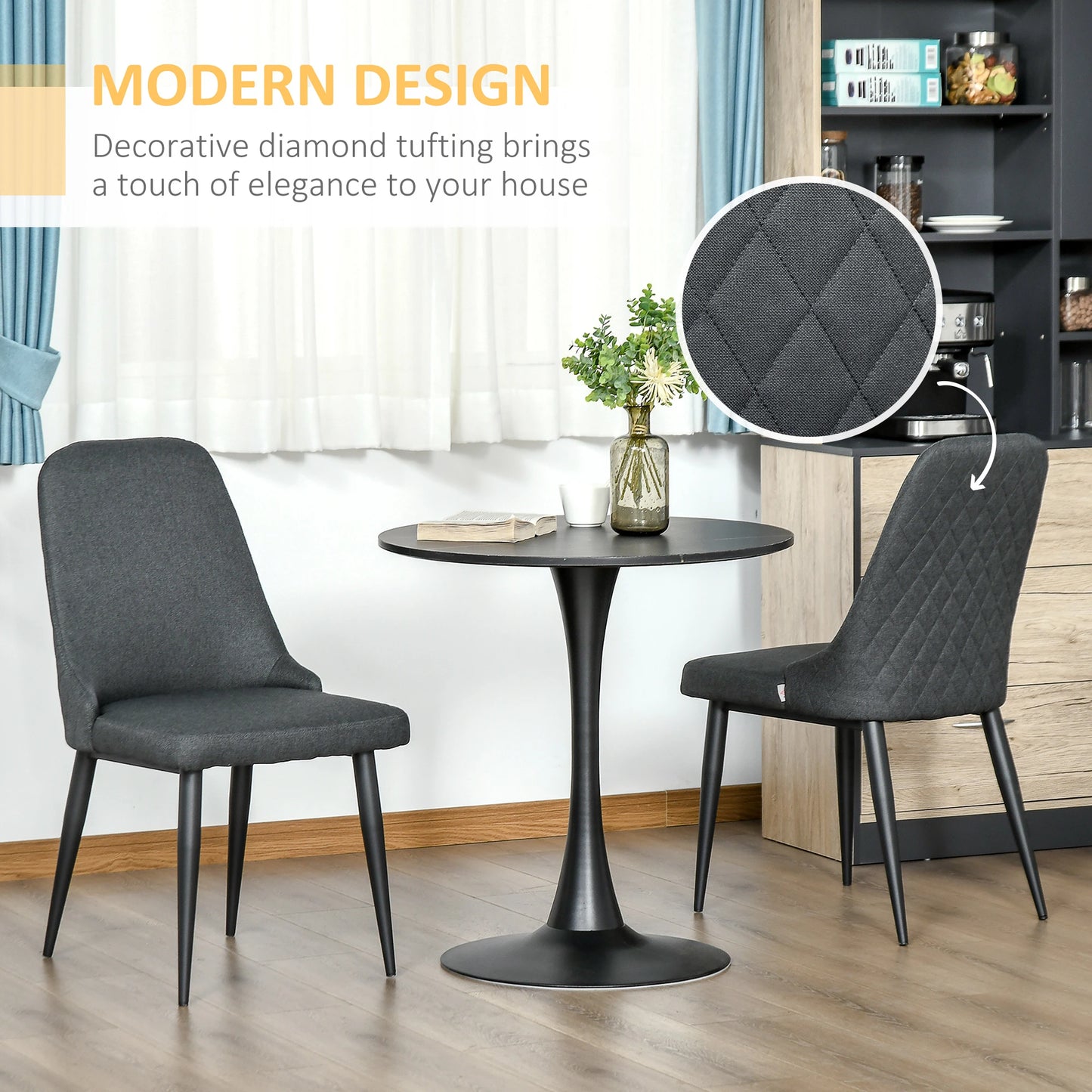 Modern Dining Chair Set of 2, Fabric Upholstered Side Chairs for Kitchen Living Room with Metal Legs, Charcoal Grey