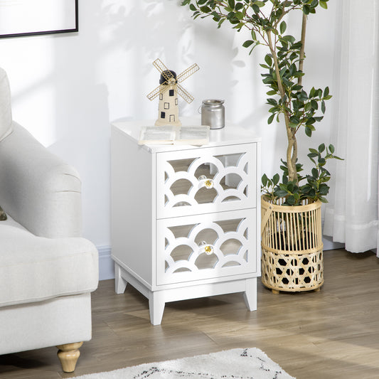 Modern Bedside Table, Side End Table with Drawers and Front Mirror, 15.4"x14.4"x23.6", White