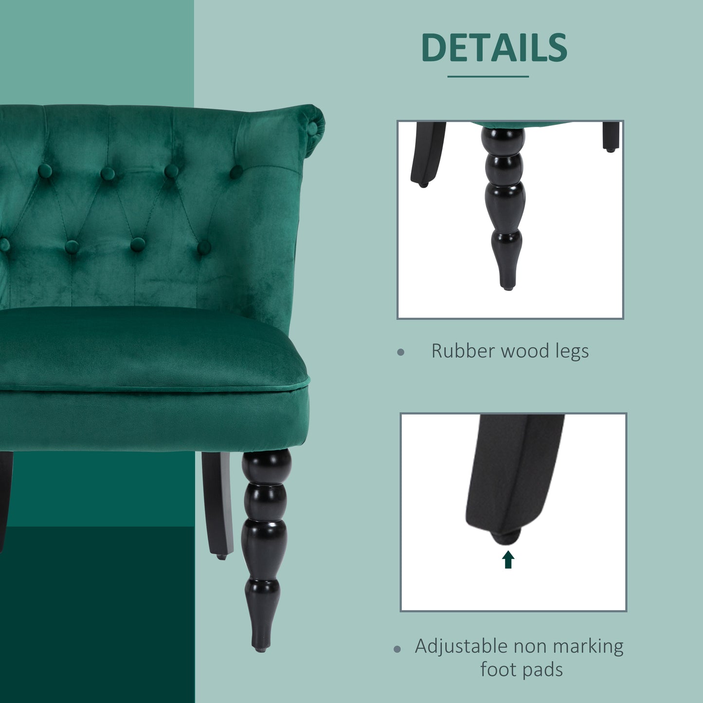 Vintage Leisure Accent Chair with Button Tufted Straight Back Turned Legs Thick Sponge Padding for Living Room Dining Room Study Dark Green