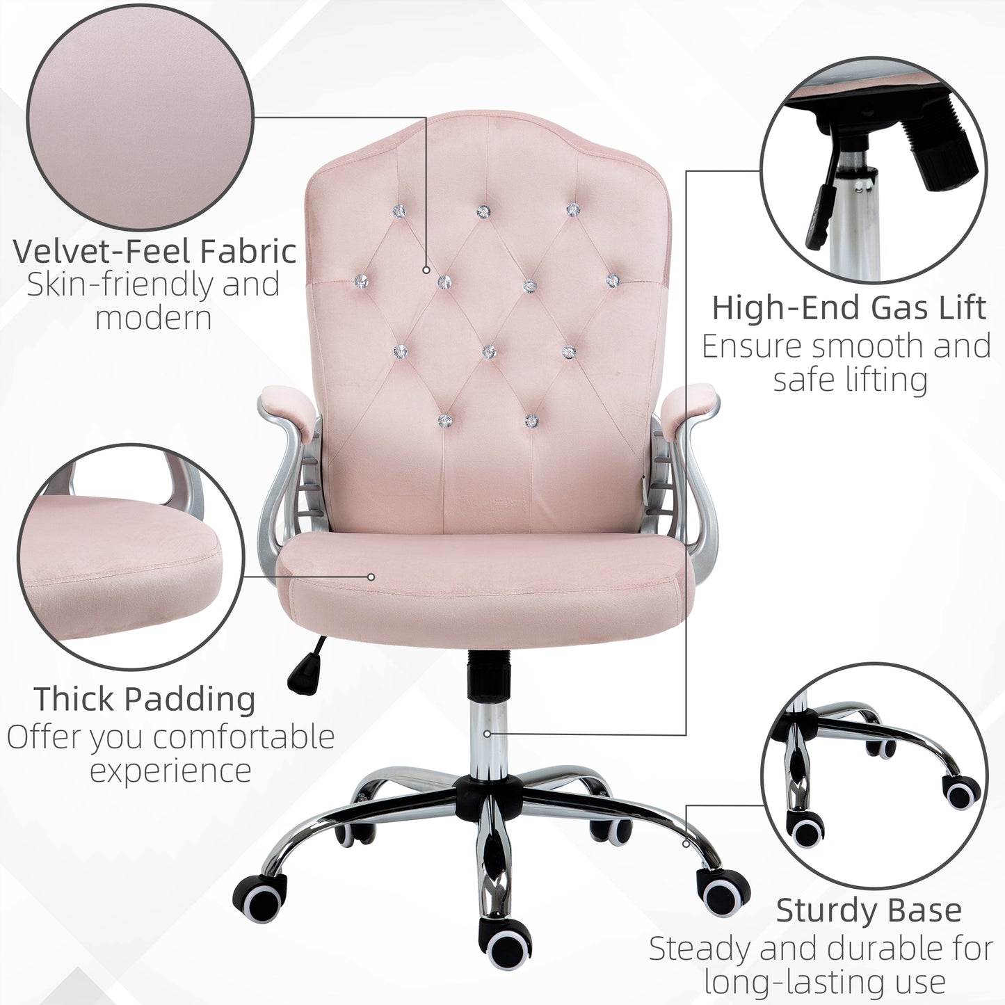 Vinsetto Home Office Chair, Velvet Computer Chair, Button Tufted Desk Chair with Swivel Wheels, Adjustable Height, Tilt Function, Pink