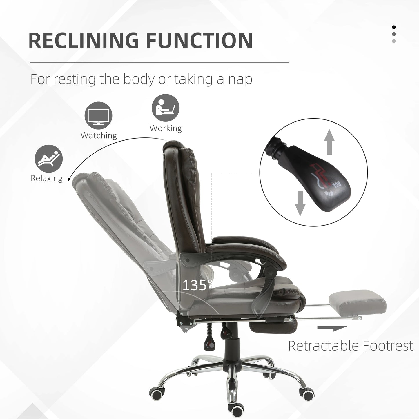 Ergonomic Executive Office Chair High Back PU Leather Reclining Chair with Retractable Footrest Lumbar Support Padded Headrest Armrest Dark Brown