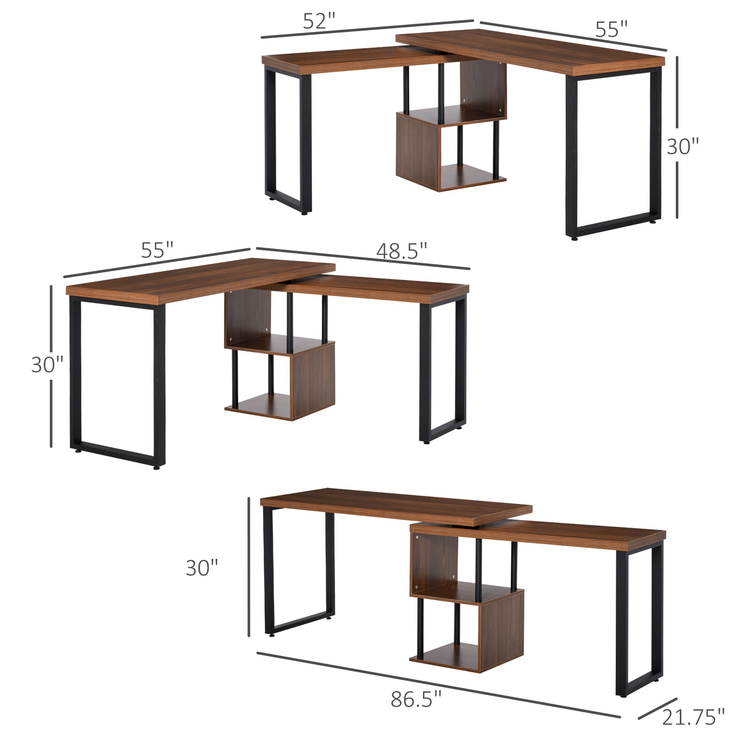 Corner Rotating L-Shaped Office Table Computer Desk with Storage Shelf Brown