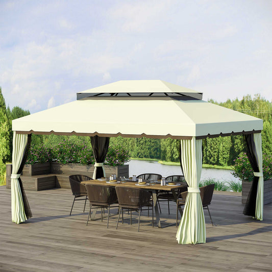 Outsunny 10 x 13ft Aluminum Frame Gazebo Canopy Double Tier Garden Shelter with Netting and Curtains, Beige