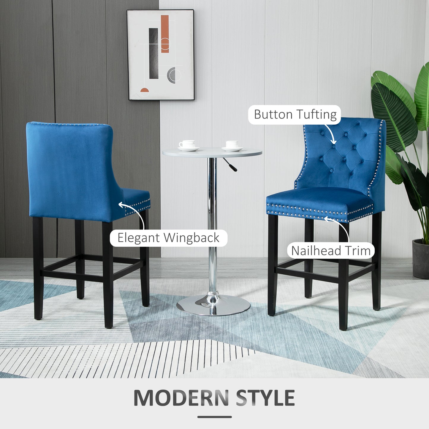 Upholstered Fabric Bar Stool Set of 2, Button Tufted 29.5" Seat Height Pub Chairs with Back & Wood Legs, Blue