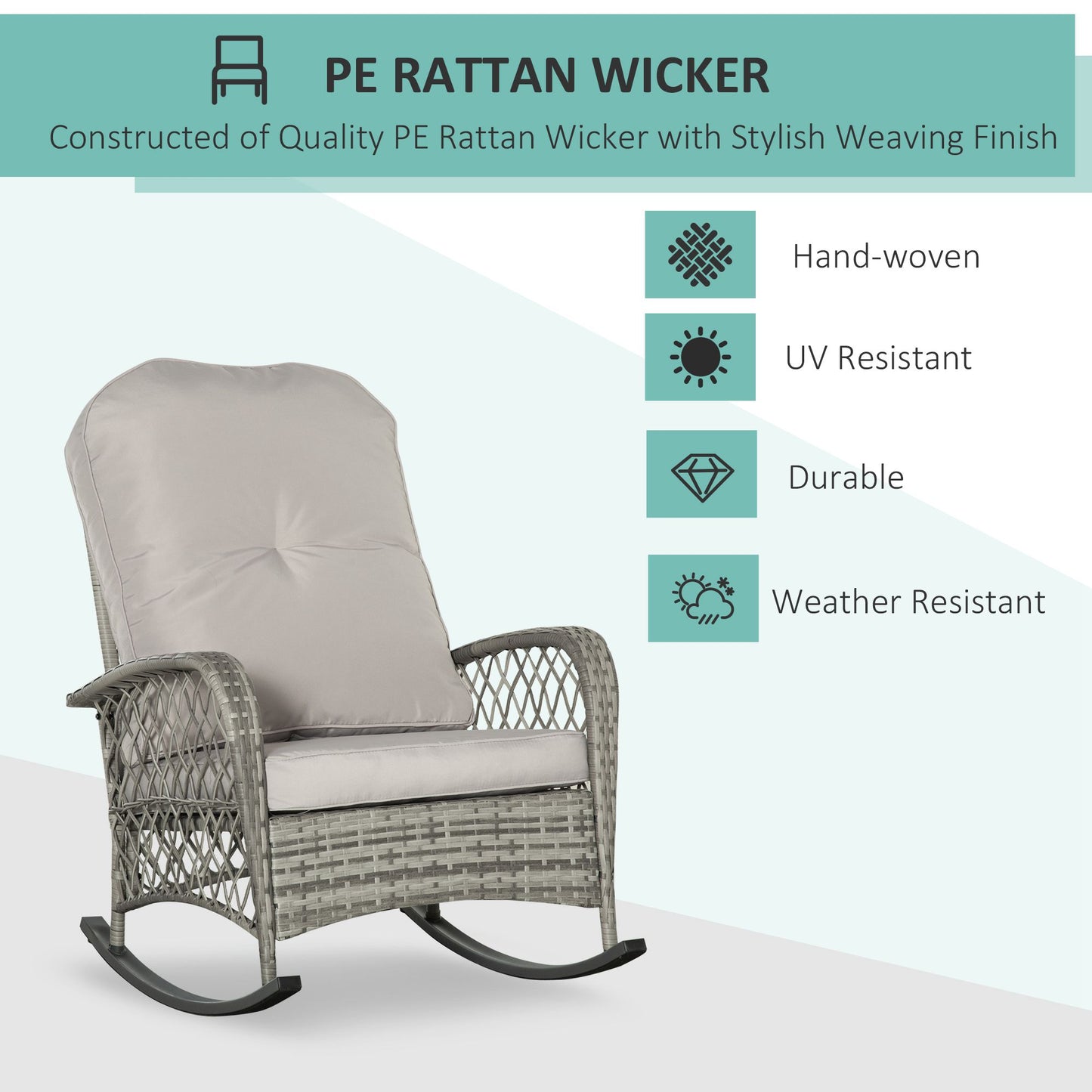 Outdoor PE Rattan Rocking Chair, Patio Wicker Recliner Rocker Chair with Soft Cushion, for Garden Backyard Porch, Khaki