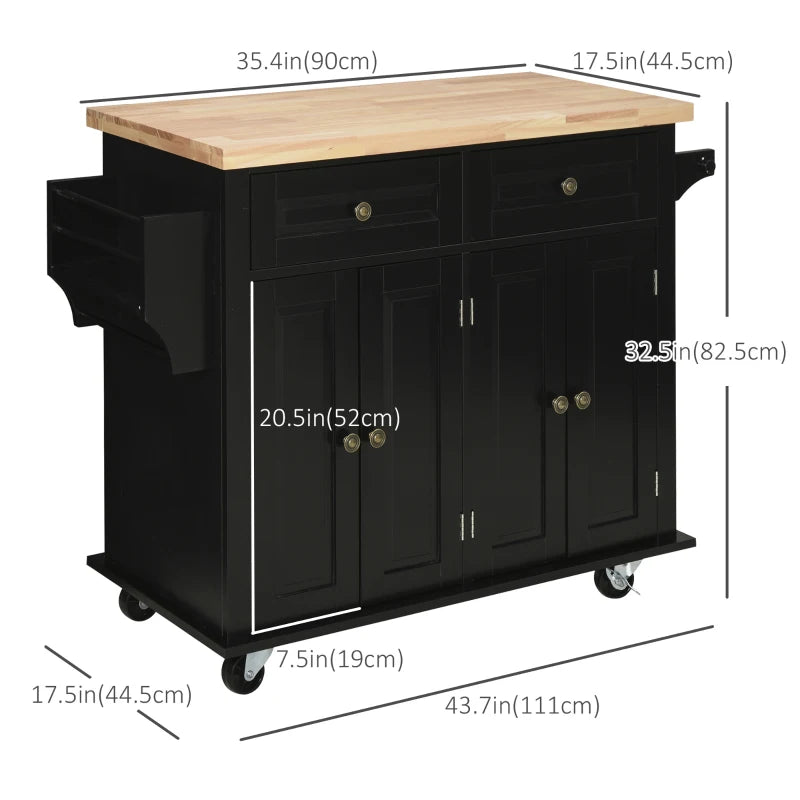 Kitchen Island with Storage, Rolling Trolley Cart with Rubber Wood Top, Spice Rack, Towel Rack, Black