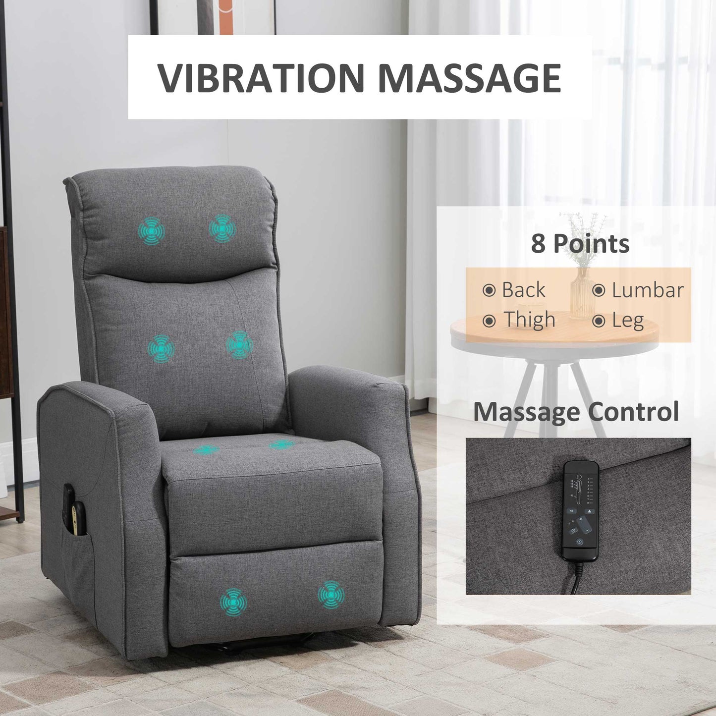 Power Lift Massage Recliner Chair for Elderly, Electric Linen Fabric Reclining Chair with 8 Vibration Points, Remote Control, Side Pockets, Dark Grey