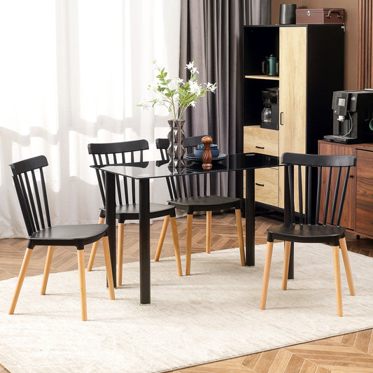 Dining Chairs Set of 4, Modern Kitchen Chair with Slatted Back, PP Seat, Beechwood Legs for Living Room, Black