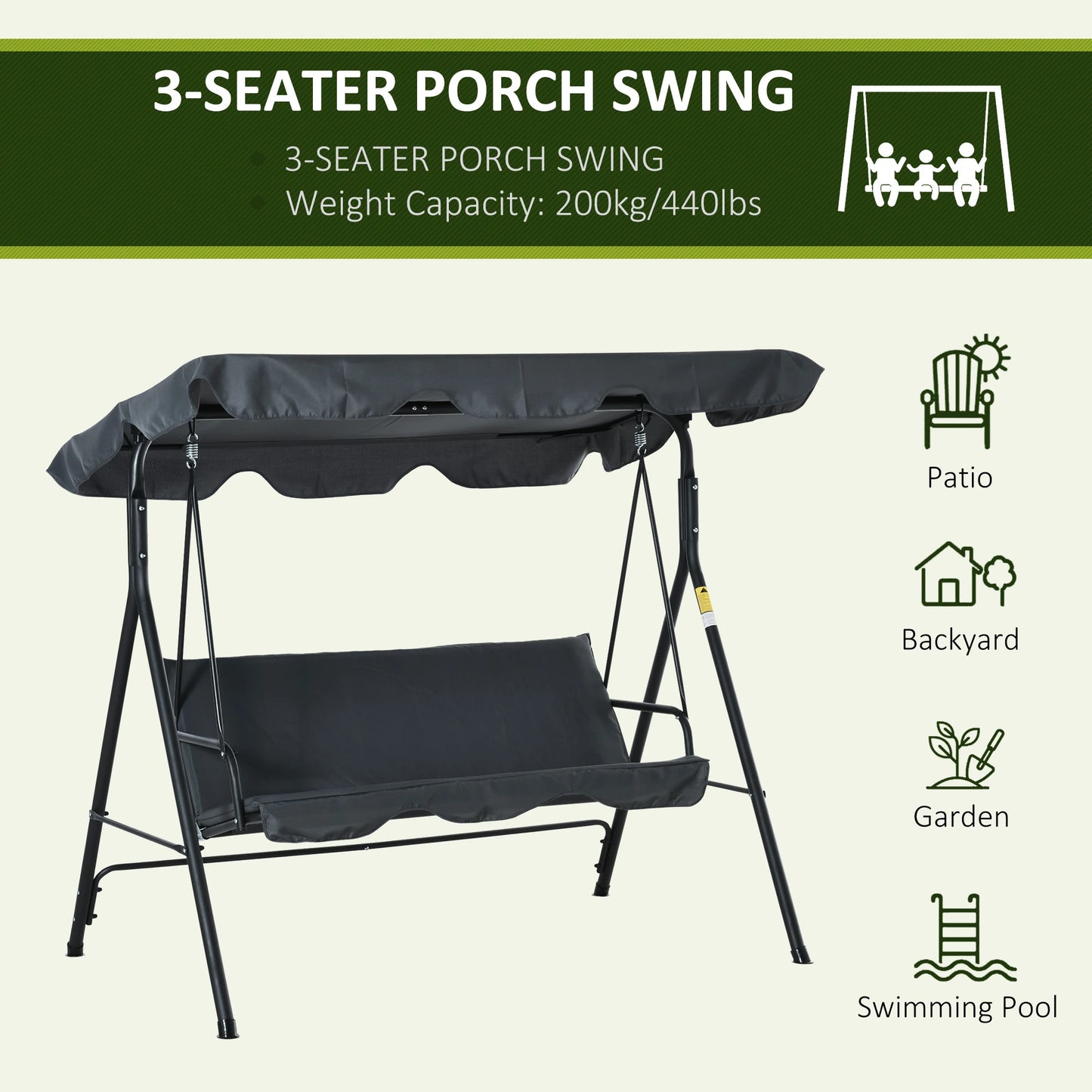 Outsunny 3-Person Porch Lawn Swing with Canopy, Outdoor Yard Glider Swing Chair with Stand, Grey
2