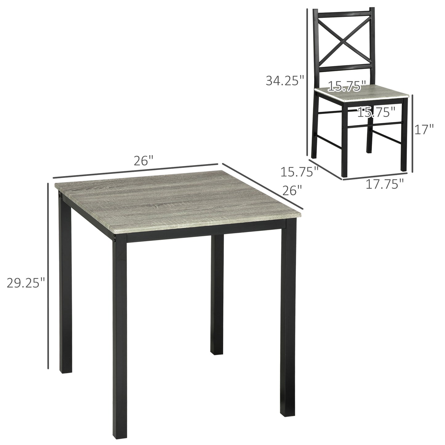 Industrial Dining Table Set of 3, Square Kitchen Table with 2 Chairs Steel Frame Footrest for Small Space, Grey