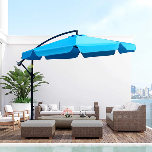 Outsunny 9FT Offset Hanging Patio Umbrella Cantilever Umbrella with Easy Tilt Adjustment, Cross Base and 8 Ribs for Backyard, Poolside, Lawn and Garden, Blue