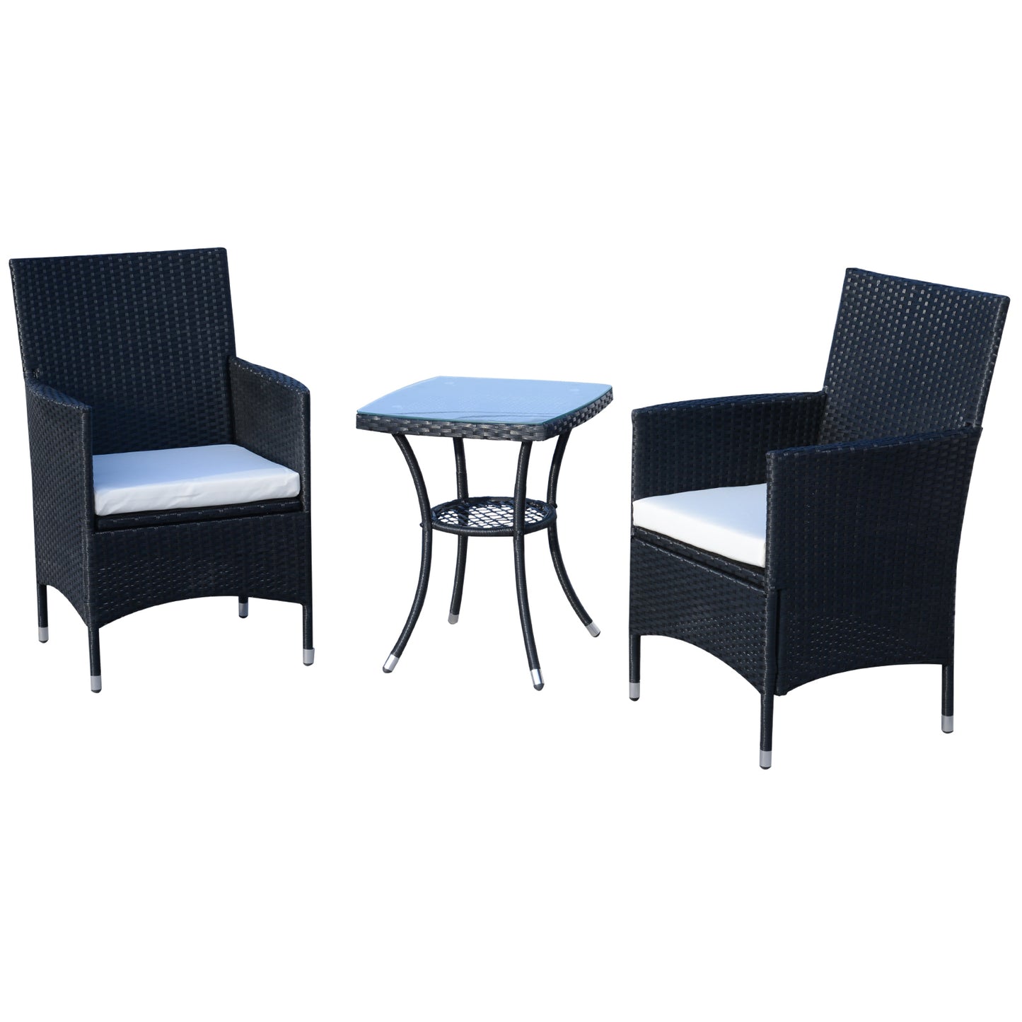 Outsunny 3 Pieces Patio Bistro Set, Outdoor PE Rattan Porch Furniture with Two Armchairs, Glass Top Coffee Table, Black