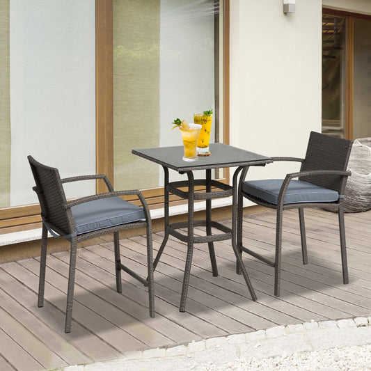 Outsunny 3 Pieces Outdoor Wicker Bistro Bar Set Garden PE Rattan Bar Table and Stools with Seat Cushion, Grey