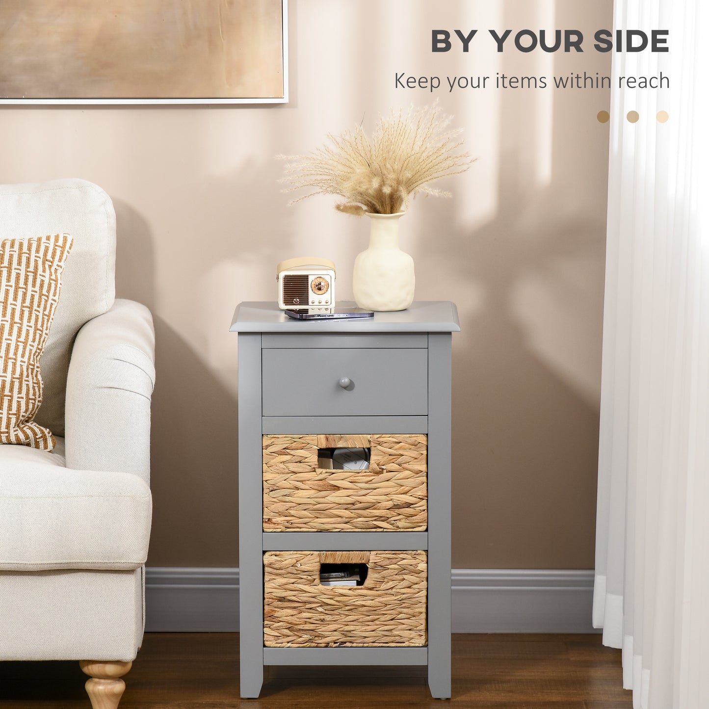 End Side Table with Removable Woven Baskets and Drawer for Living Room, Bedroom, 15.6"x11.8"x26.2", Grey