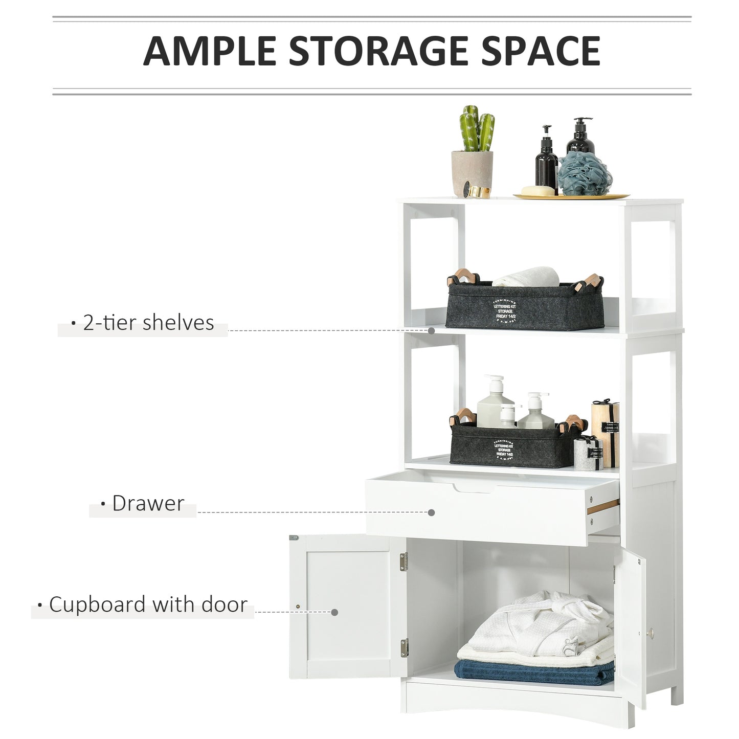 Bathroom Floor Cabinet, Free Standing Cupboard with Shelves, Drawer and Doors, Storage Organizer in White