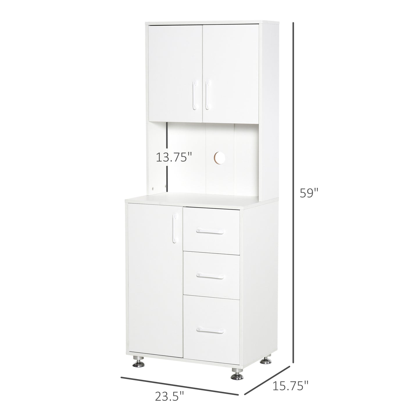 Modern Kitchen Cupboard with Storage Cabinet Hutch, 2 Cabinets, 3 Drawers and Open Countertop, White