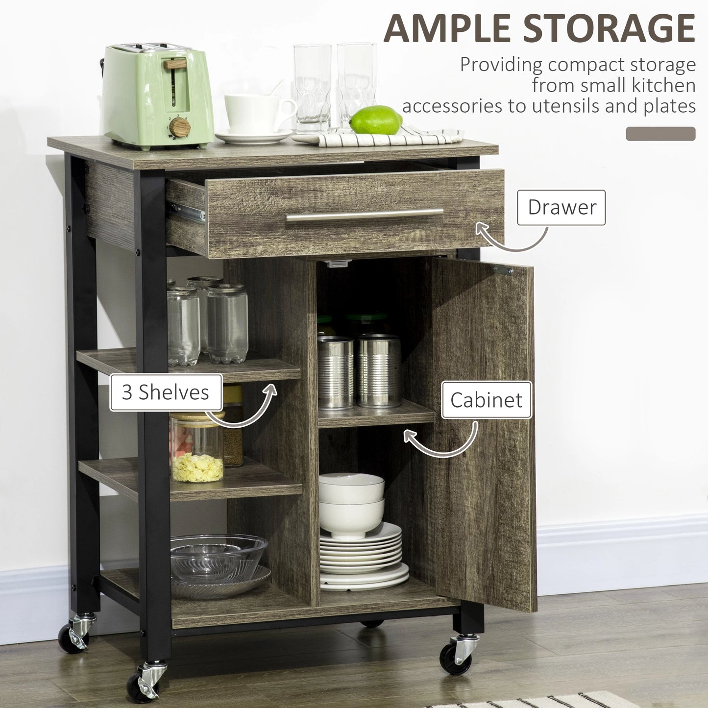 Kitchen Trolley Utility Cart on Wheels with Storage Shelves & Drawer for Dining Room, Dark Oak