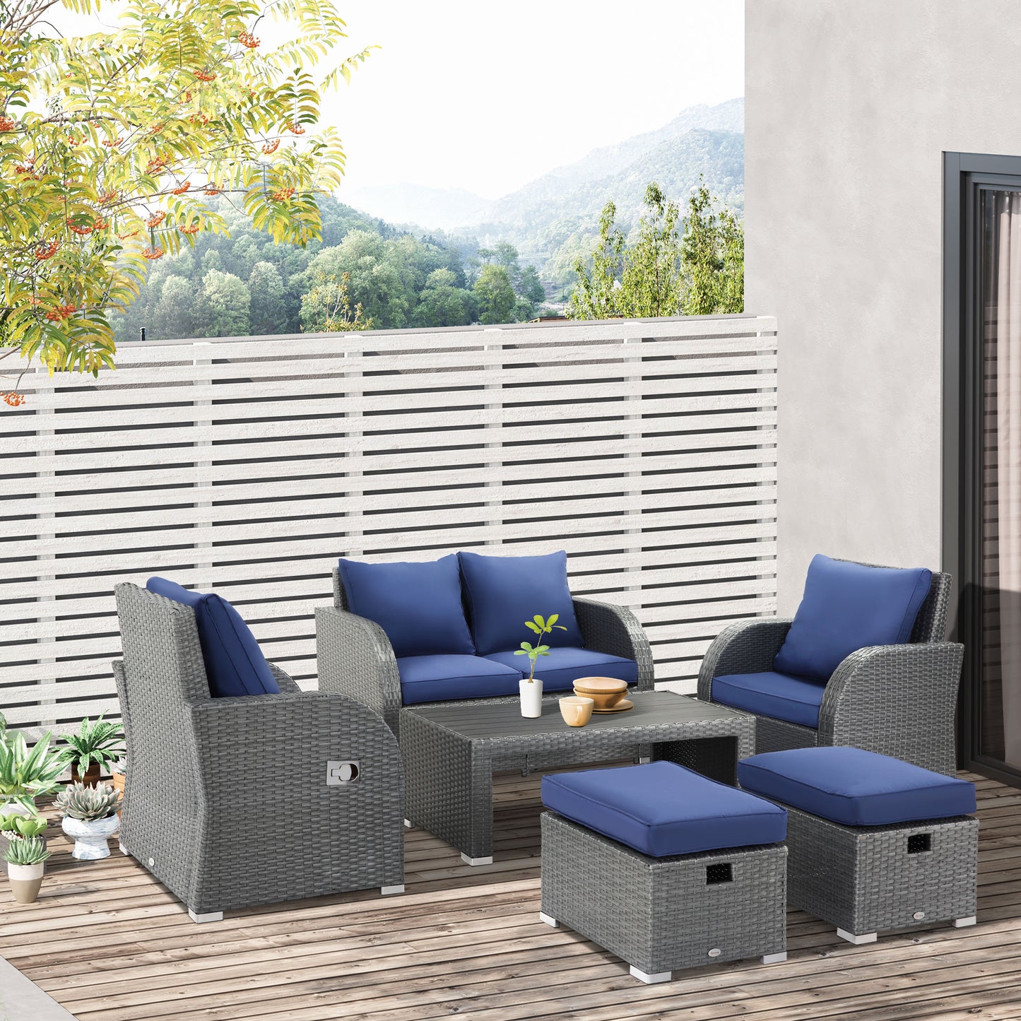 Outsunny 6-PCs Outdoor Rattan Wicker Sofa Set Angle Adjustable Recline Single Chair, w/ Gas Spring & Soft Washable Cushions, Dark Blue