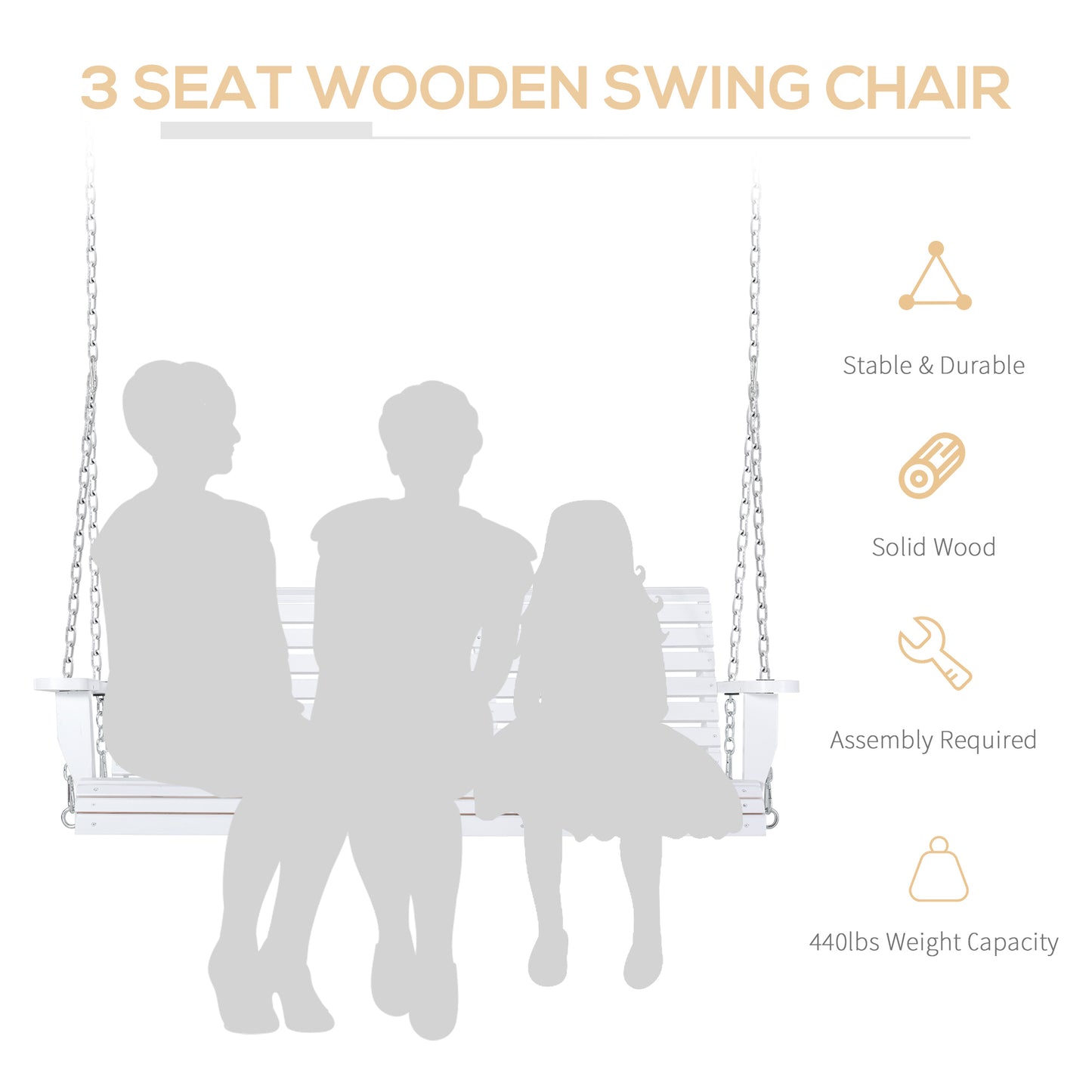 Outsunny 2 to 3 Seater Porch Swing Wood Patio Swing Chair Swing Bench with Foldable Table, Cup Holders, Steel Chains, White