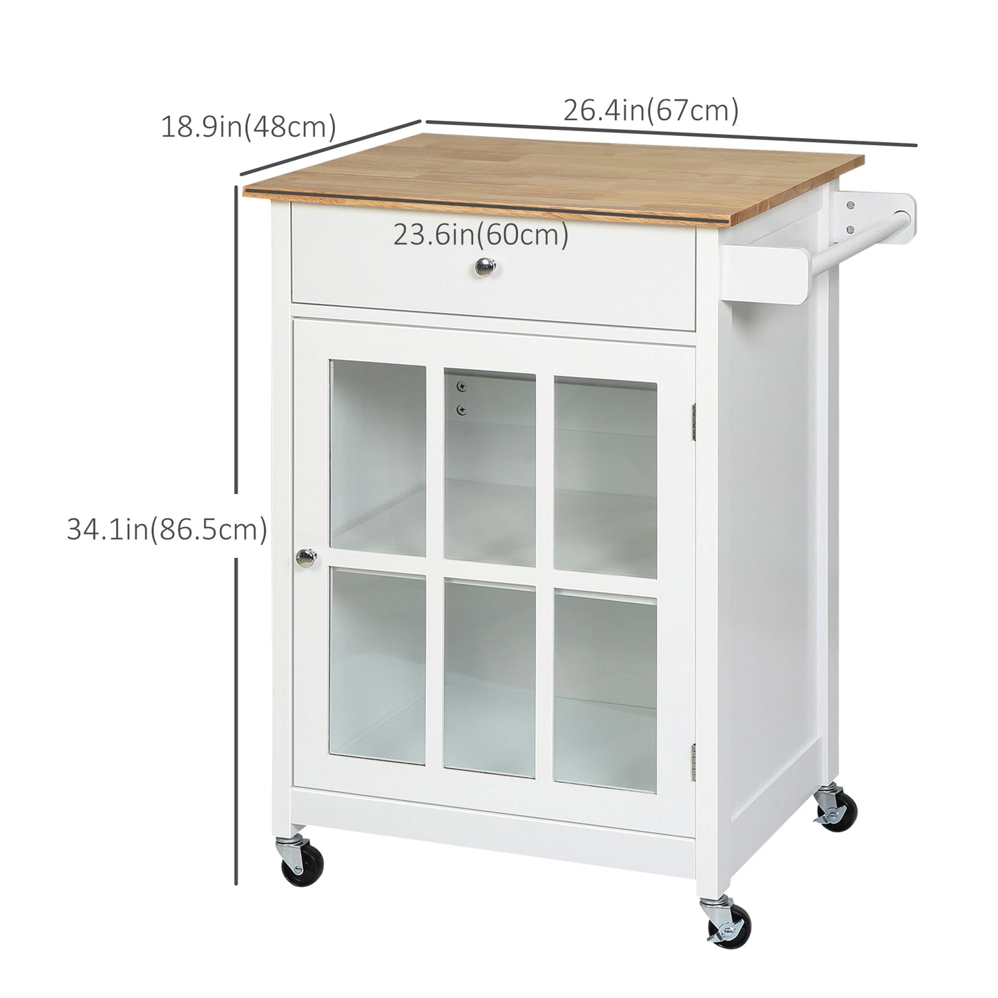 Rolling Kitchen Cart with Drawer and Glass Door Cabinet, Kitchen Island on Wheels with Towel Rack, White