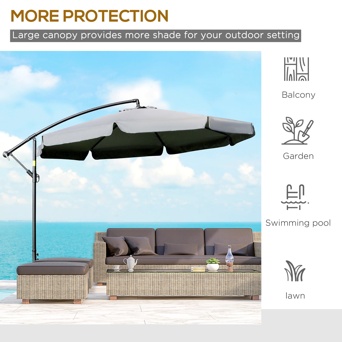 Outsunny 11FT Offset Hanging Patio Umbrella Cantilever Umbrella with Easy Tilt Adjustment, Cross Base and 8 Ribs for Backyard, Poolside, Lawn and Garden, Dark Grey