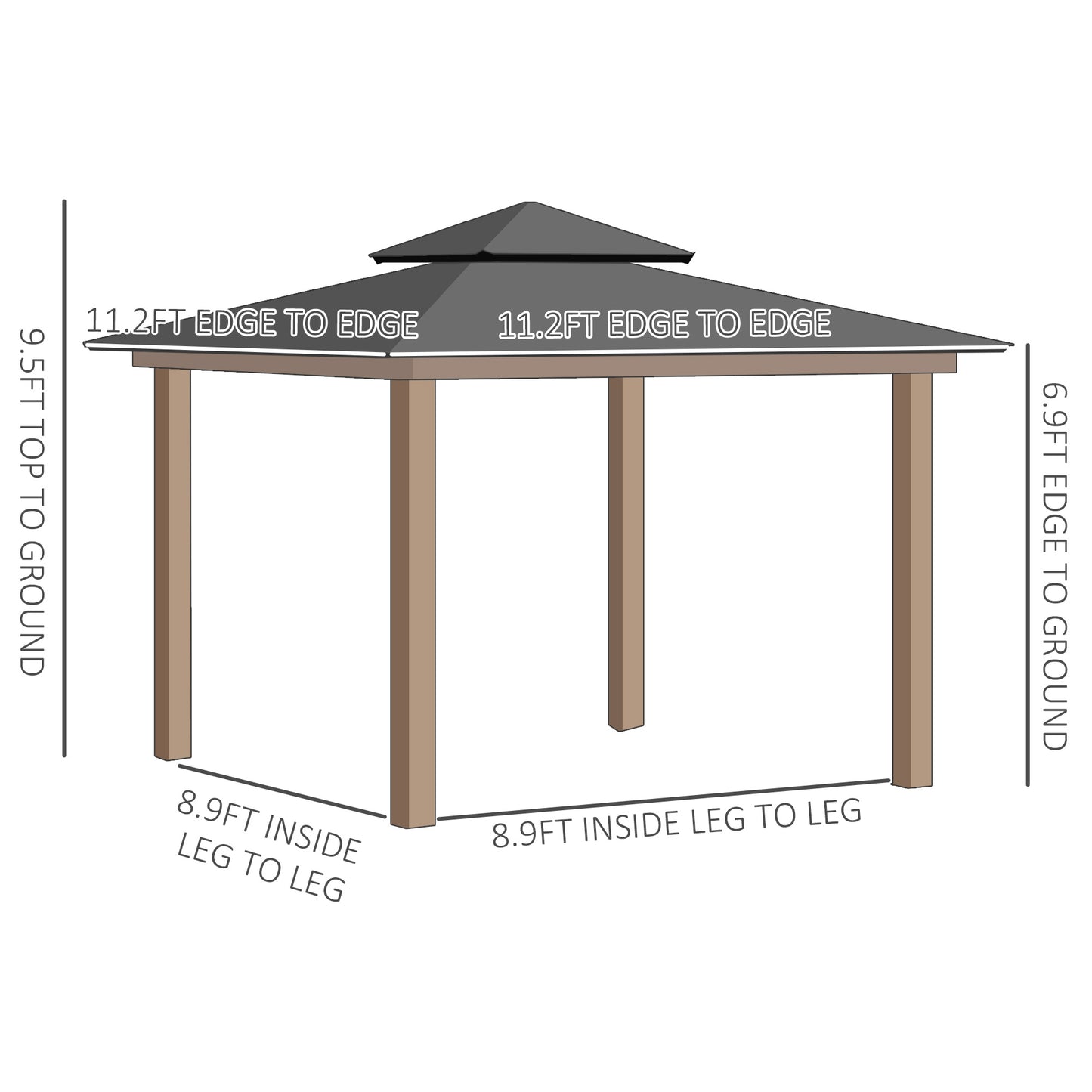 11' x 11' Wood Frame Hardtop Gazebo Galvanized Steel Canopy Outdoor Shelter with Double Vented Roof for Garden, Lawn, Poolside, Black