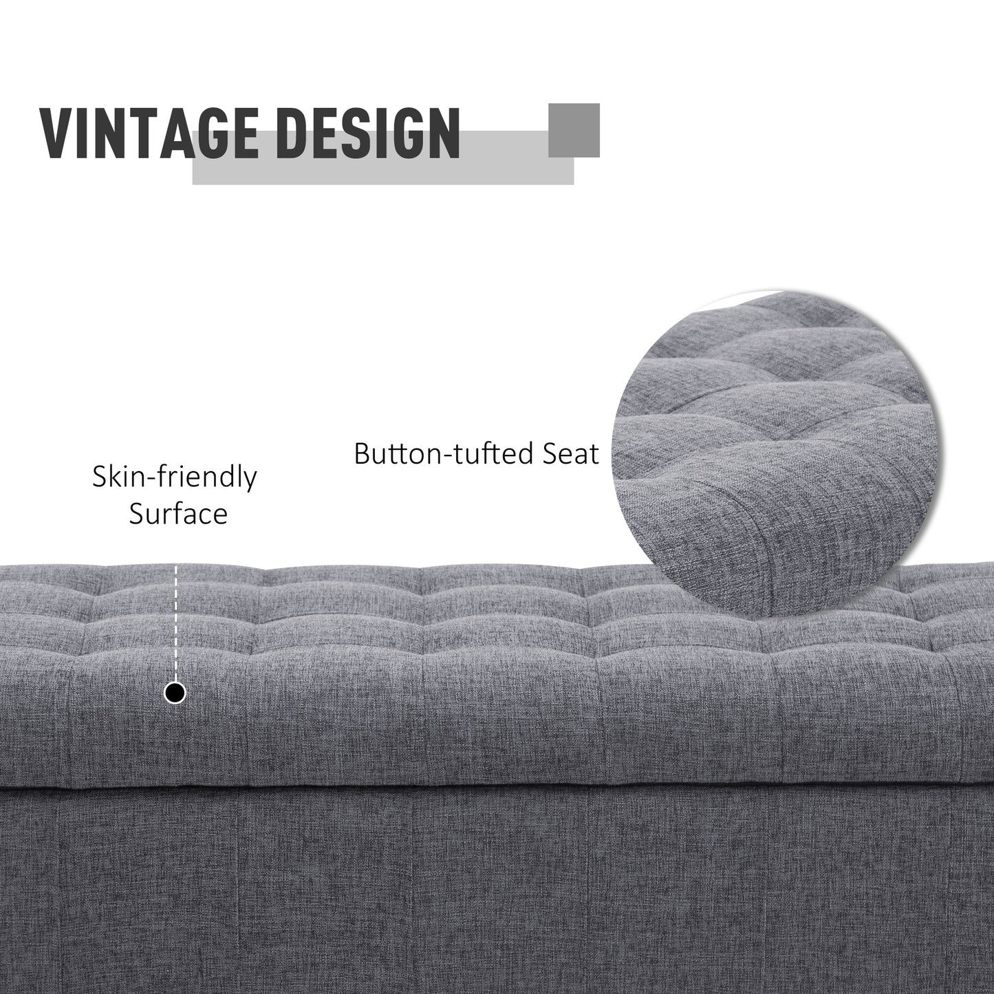 Storage Bench Tufted Linen Fabric Ottoman Footstool with Soft Close Lid, Grey