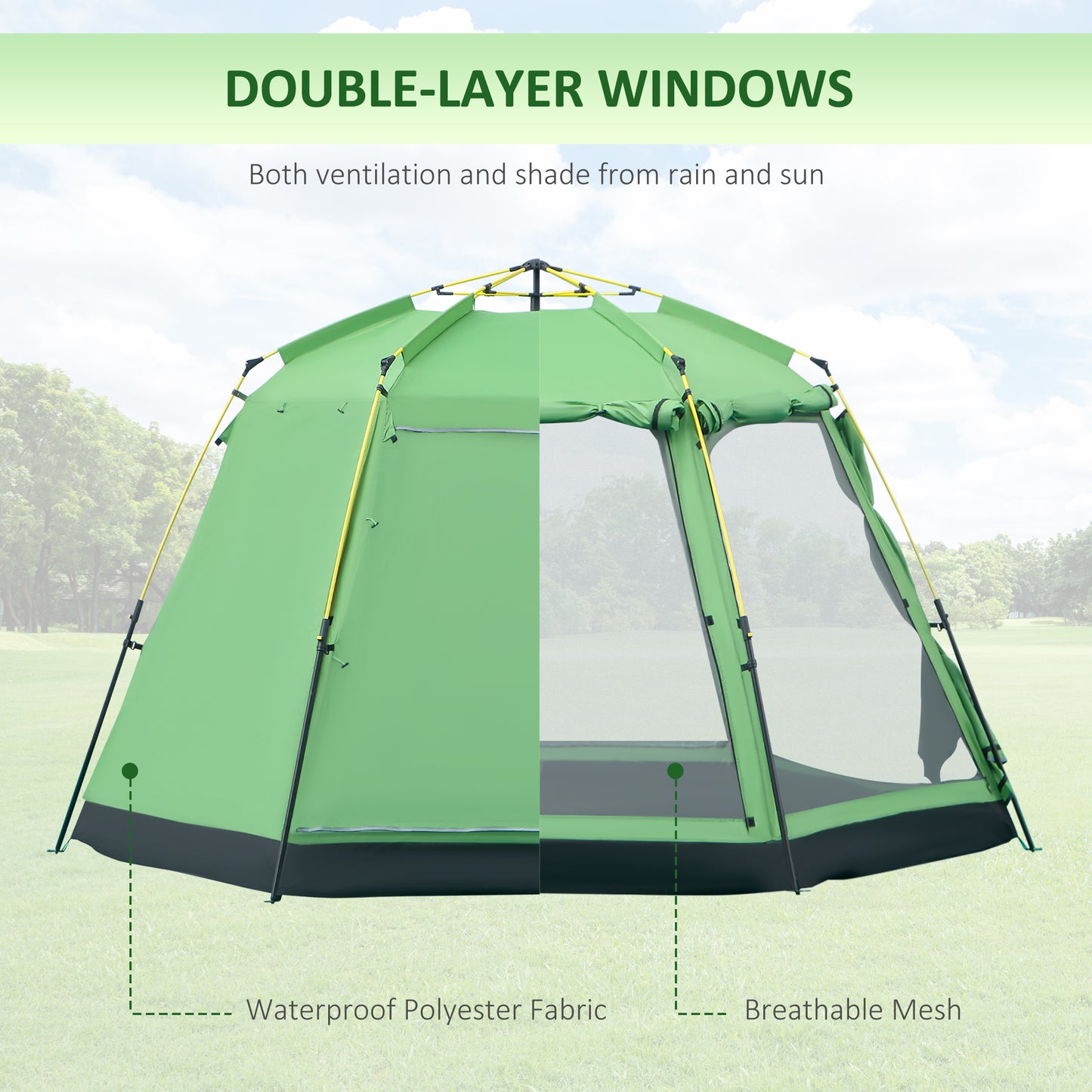 Outsunny 6 People Pop Up Design Camping Tent, 2-Tier Fabric Backpacking Tent with 4 Windows 2 Doors Portable Carry Bag for Fishing Hiking, Green