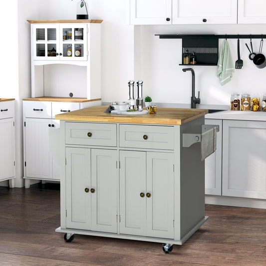 Kitchen Island with Storage, Rolling Trolley Cart with Rubber Wood Top, Spice Rack, Towel Rack, Grey