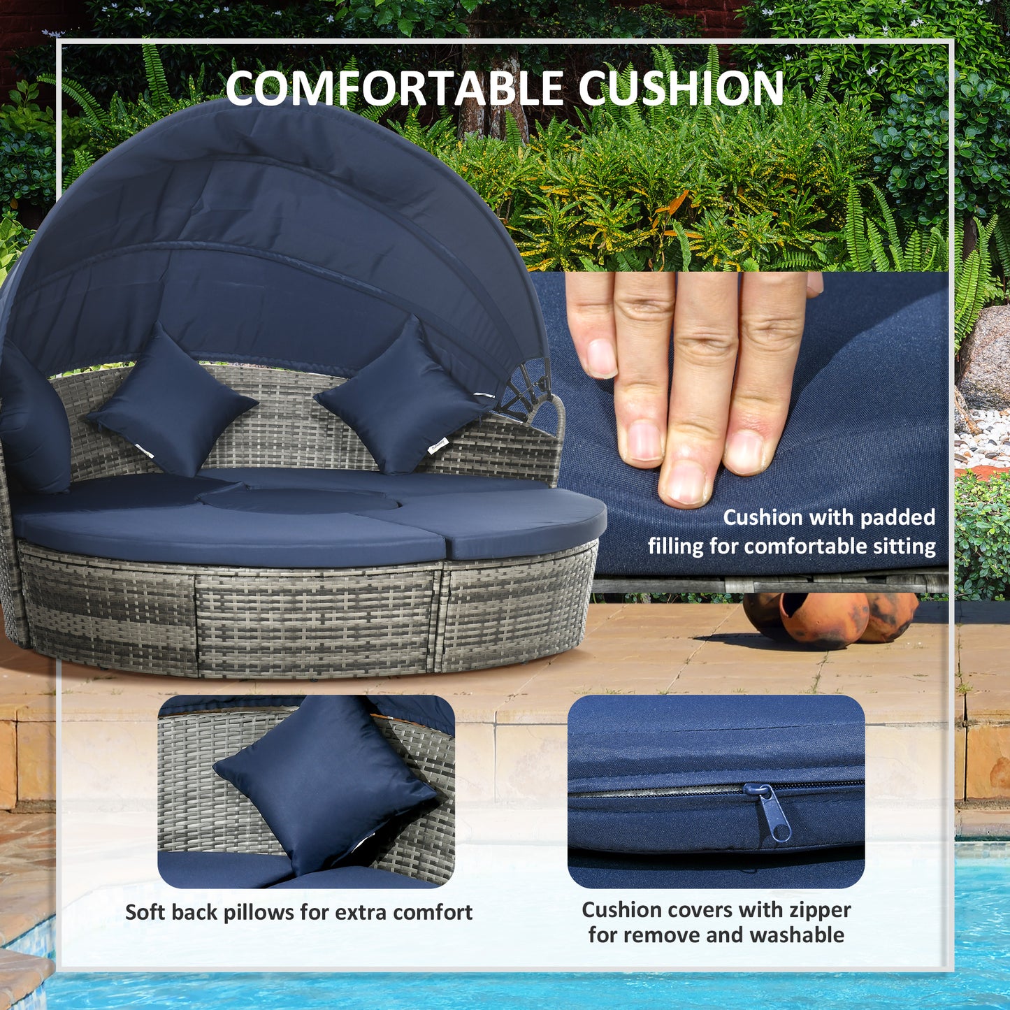 Outsunny 4 Pieces Outdoor Daybed, Patio Lounge Chair with Cushioned Round Sofa Bed, Sectional Patio Conversation Furniture Set with Canopy & Coffee Table, Dark Blue