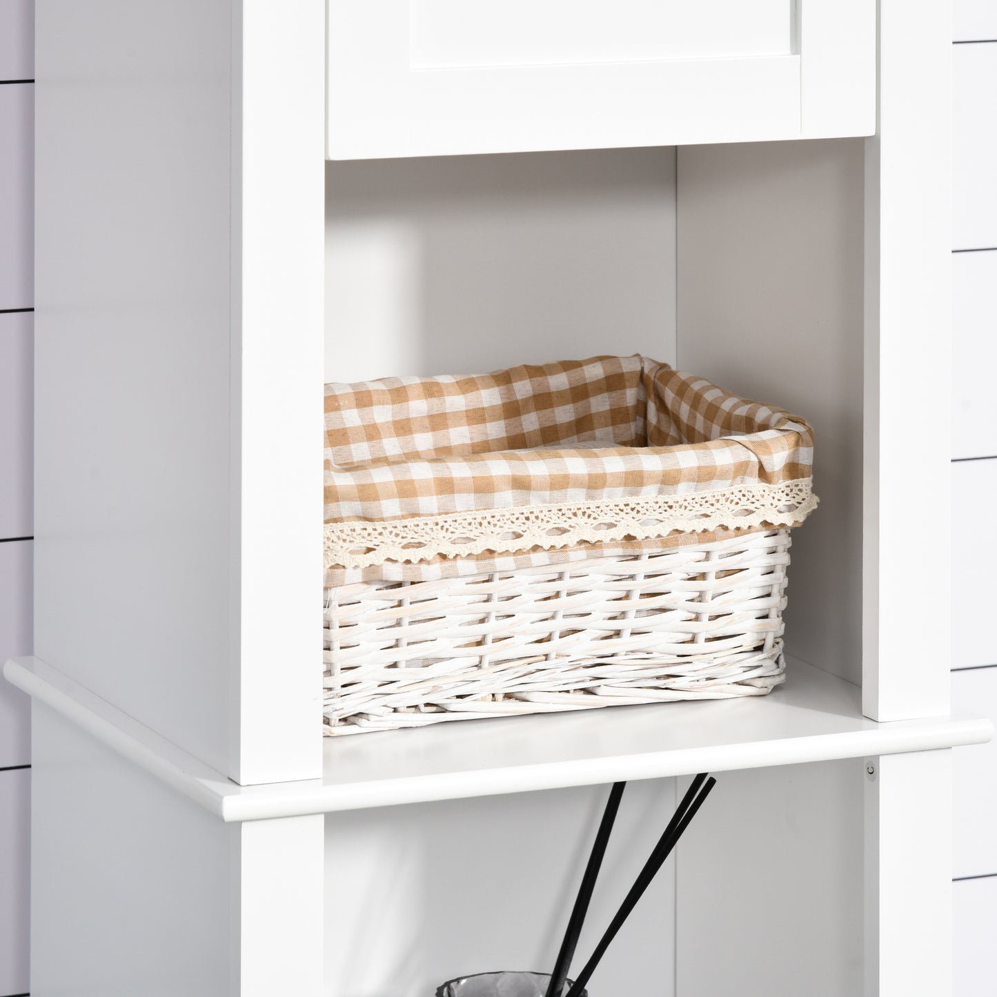 Tall Bathroom Storage Cabinet, Freestanding Linen Tower with 2-Tier Shelf and 2 Cupboards, Narrow Side Floor Organizer, White