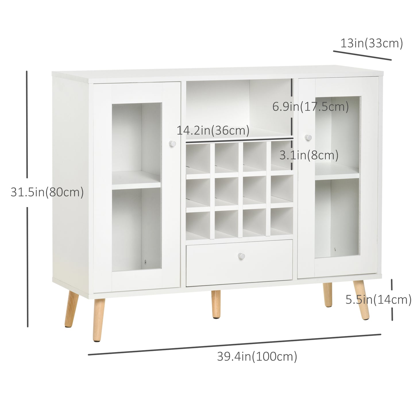 Sideboard Storage Cabinet, Kitchen Cupboard with Glass Doors, Drawer, 12-Bottle Wine Rack for Living Room, White