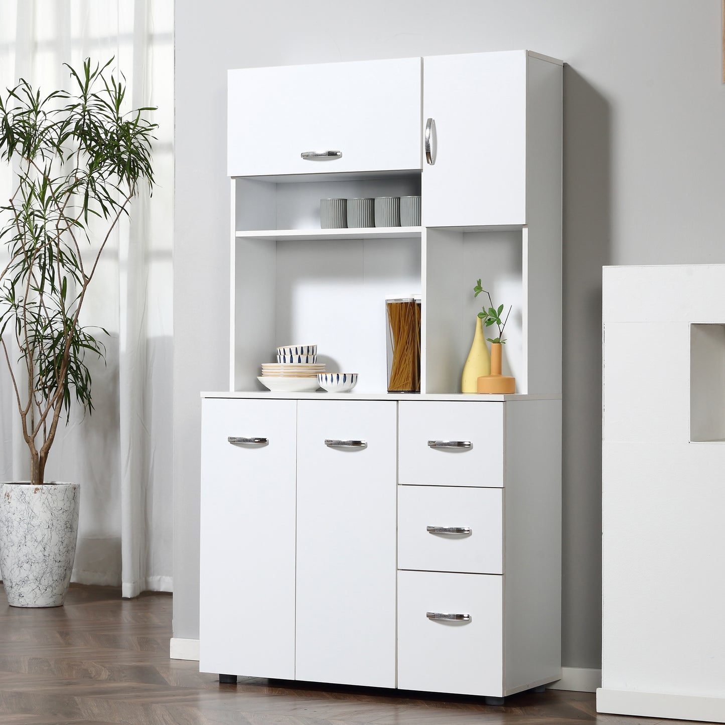 Freestanding Kitchen Pantry Cabinet Open Countertop with Doors Drawers Shelves