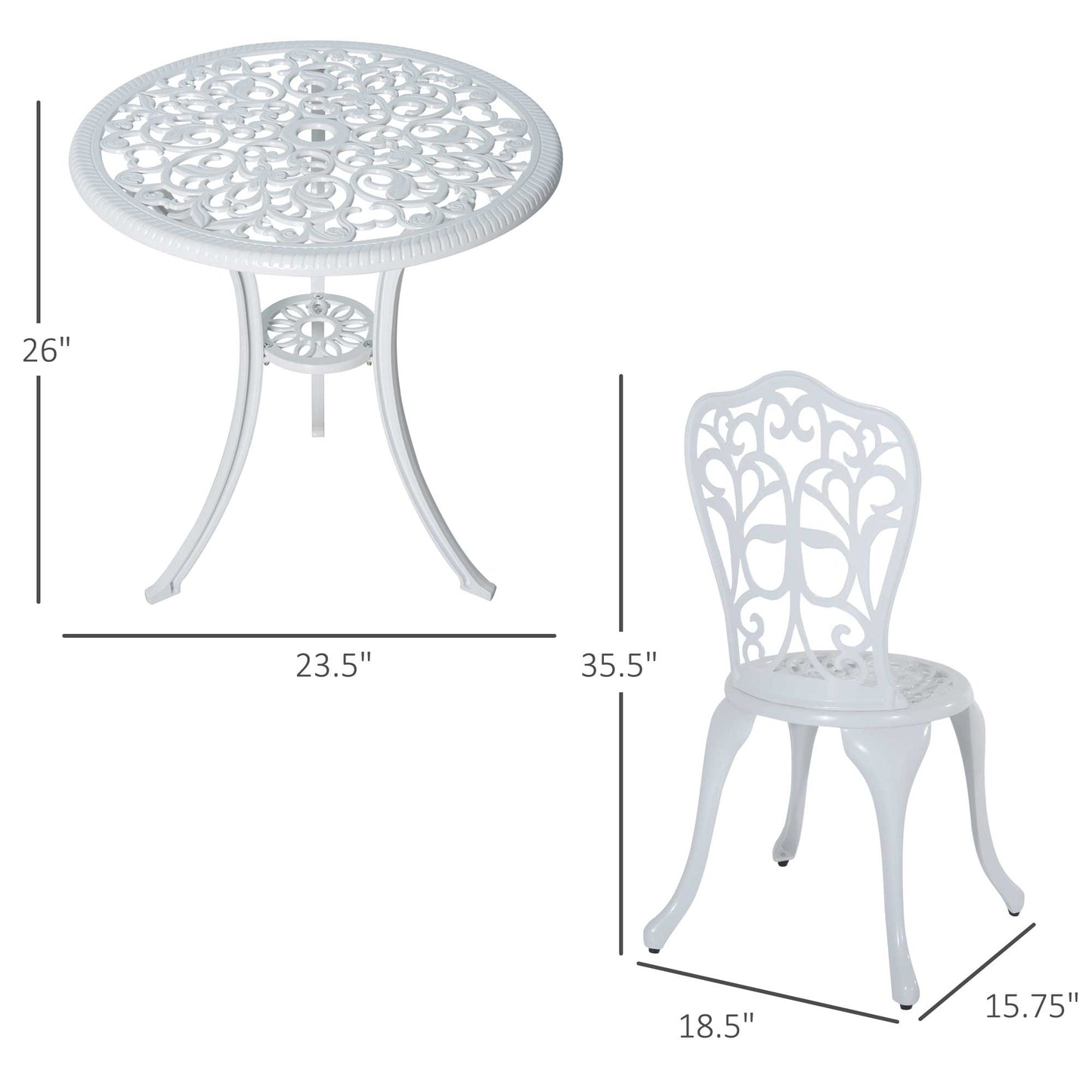 Outsunny 3 Pieces Antique Outdoor Bistro Set for 2 Patio Table and Chairs Set with Umbrella Hole White