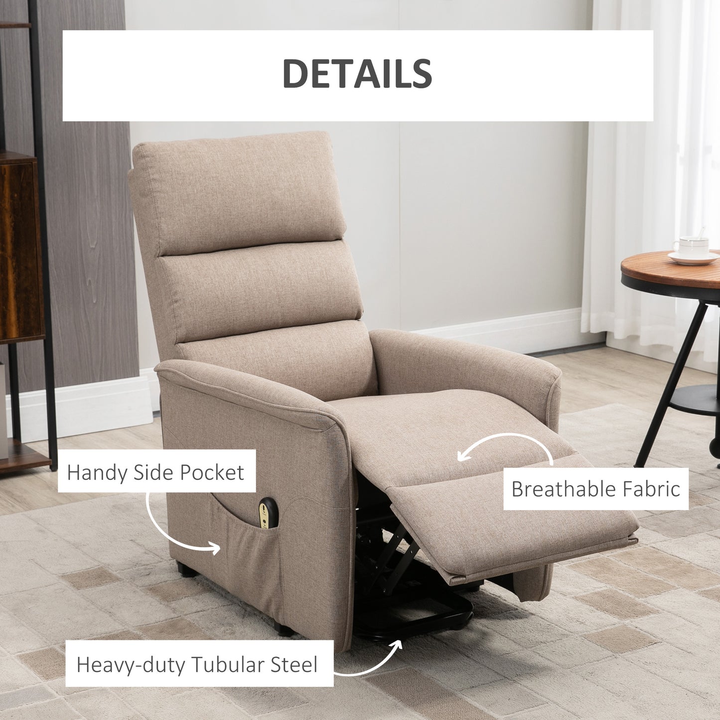 Power Lift Chair Recliner for Elderly, Padded Reclining Chair with Remote Control, Side Pockets for Living Room, Brown