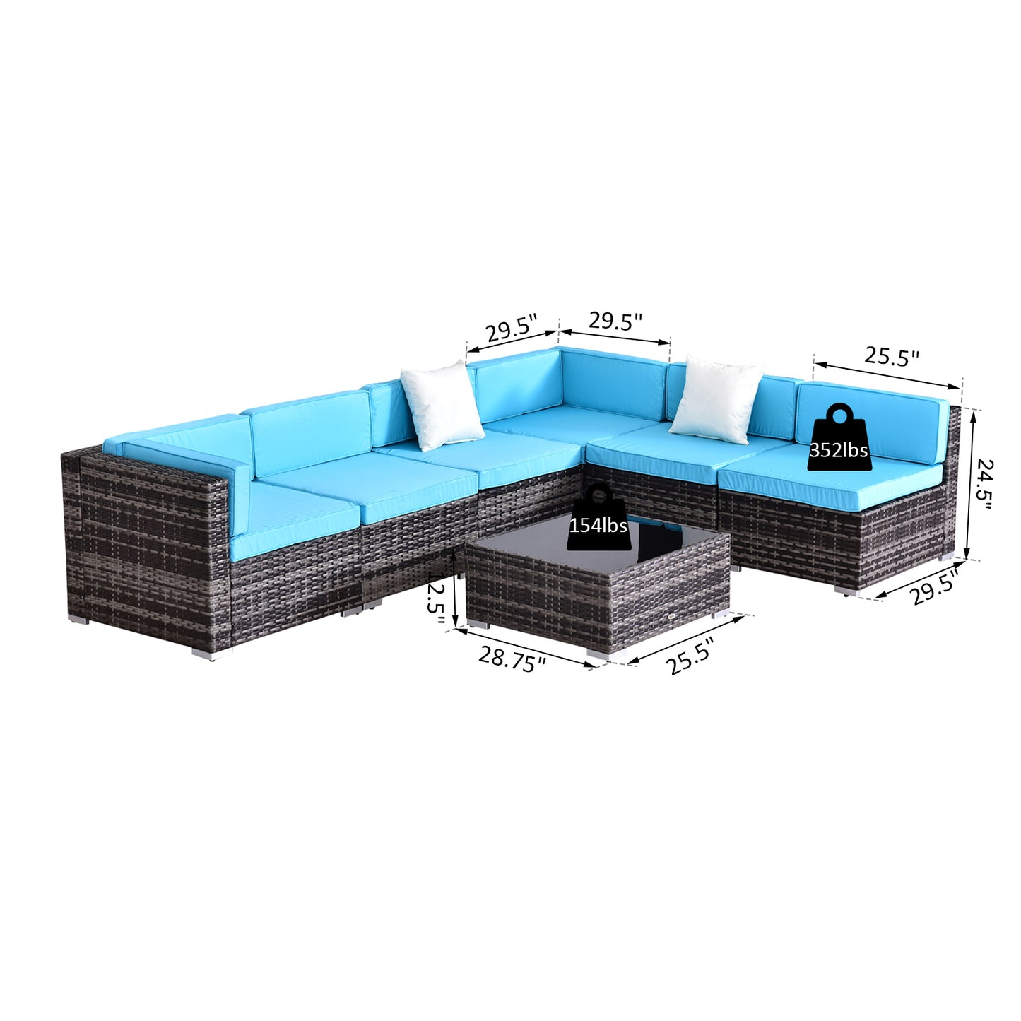 Outsunny 7 Pieces Outdoor Rattan Furniture Set, Patio Wicker Sectional Conversation Sofa Set w/Cushions & Tempered Glass Coffee Table