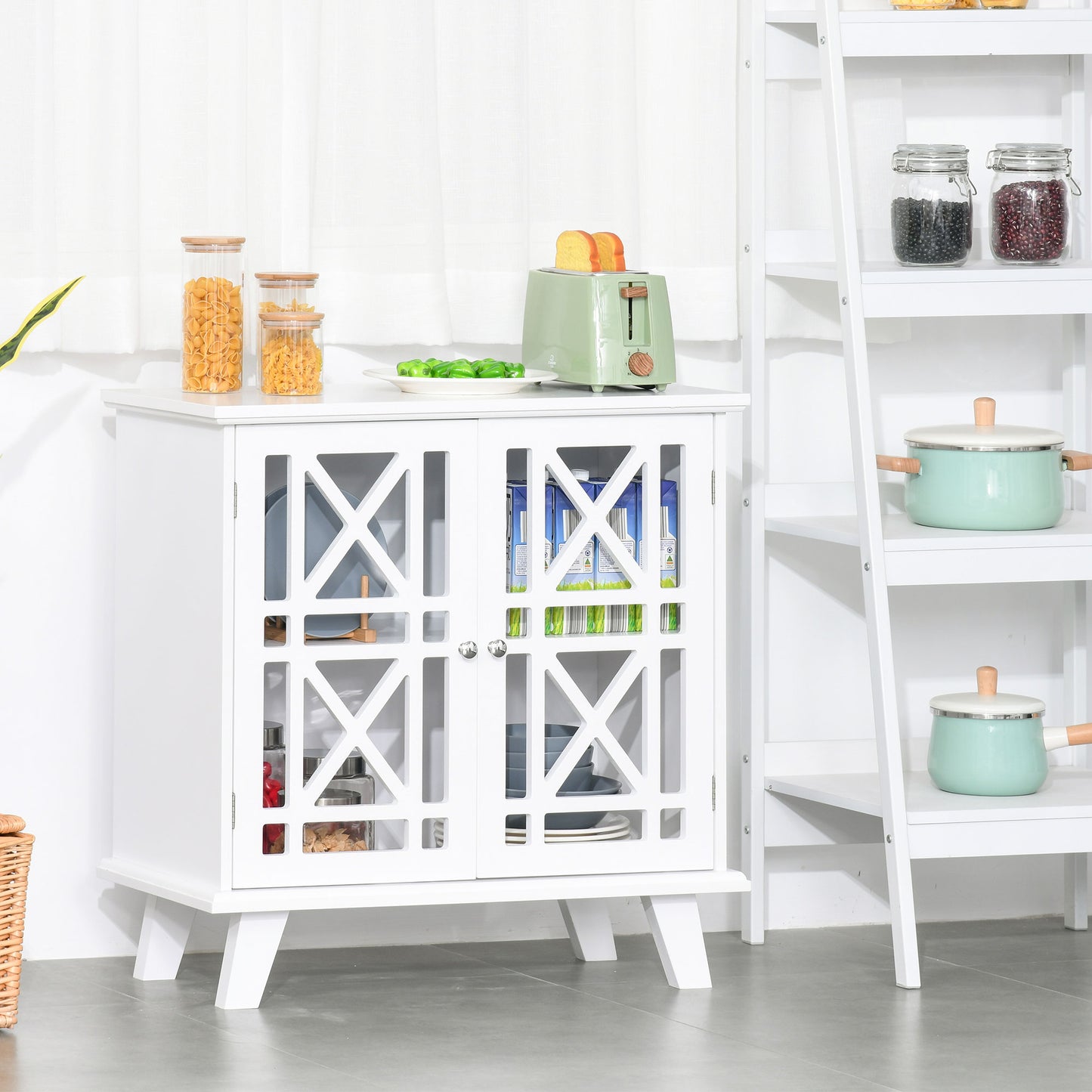 Accent Storage Cabinet Sideboard Serving Buffet Console with Fretwork Doors for Entryway, Kitchen, Dining Area, Living Room, White