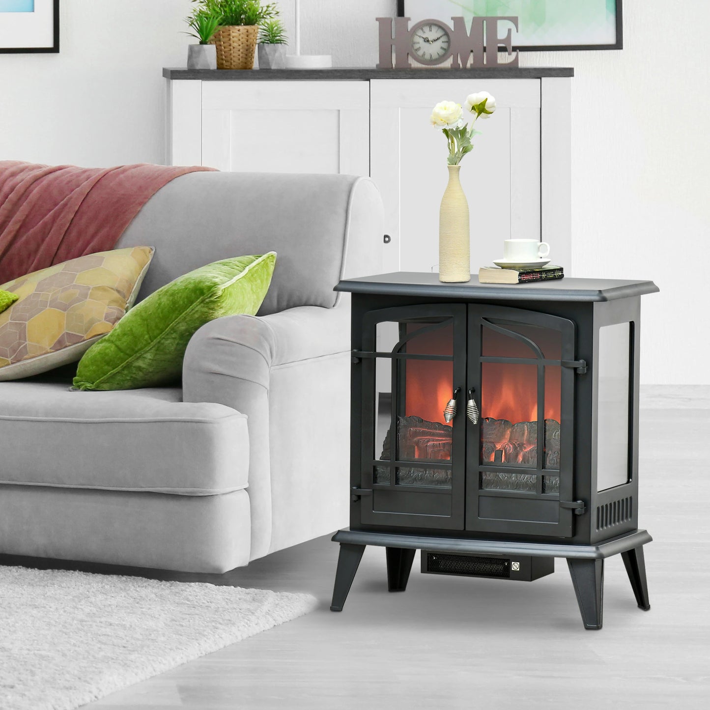 Electric Fireplace Stove, Freestanding Indoor Heater with Realistic Flame Effect, Adjustable Temperature and Overheat Protection, Black