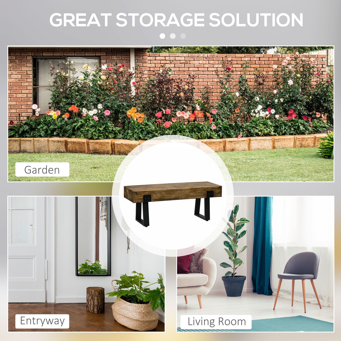 Garden Bench with Metal Legs, Rustic Wood Effect Concrete, Indoor or Outdoor Use for Patio, Park, Porch and Lawn, Natural and Black